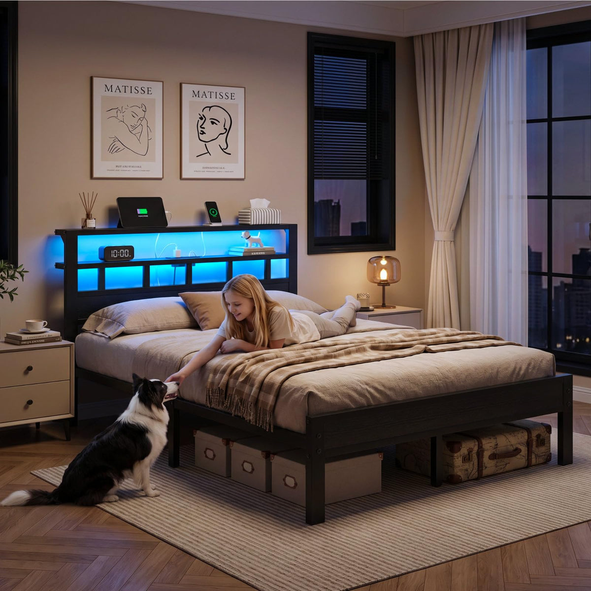 Full Size Bed Frame with Charging Station and LED G48389