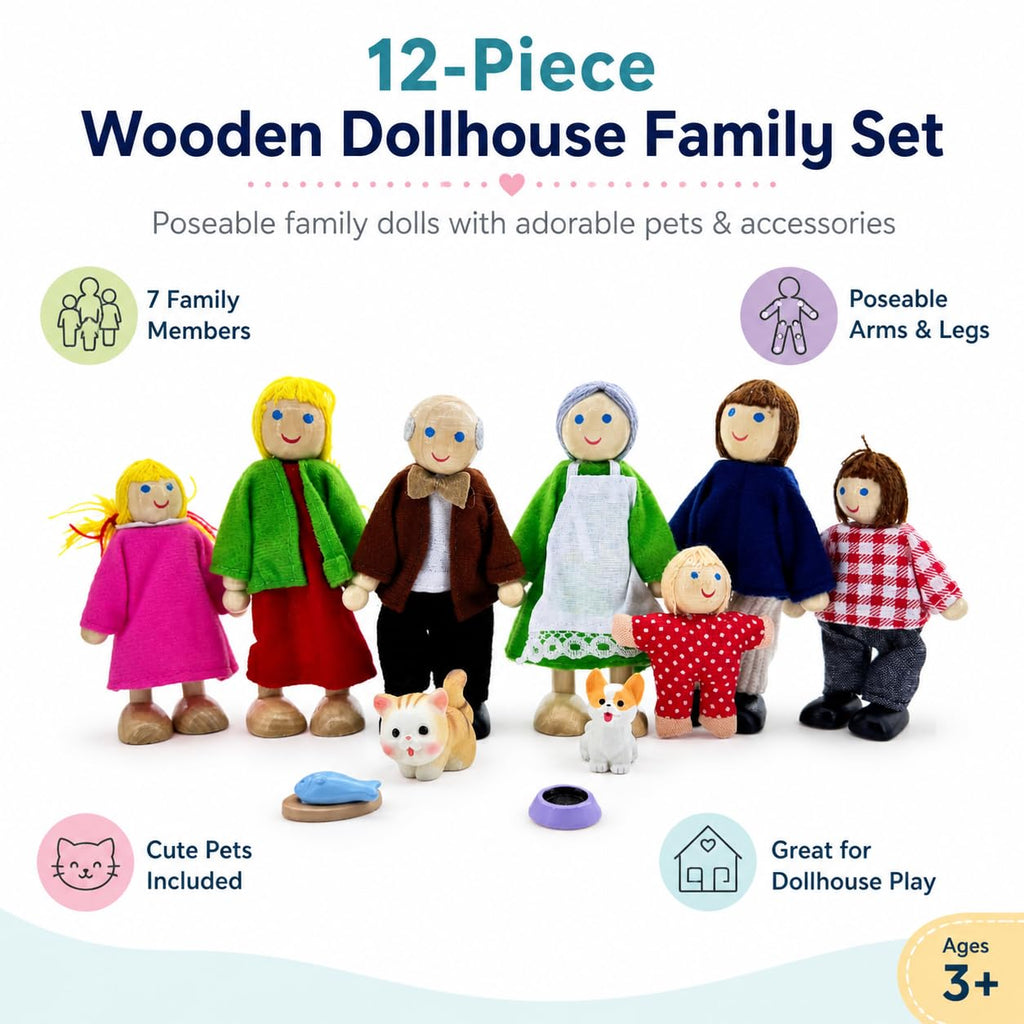 12 Pieces Wooden Dollhouse Family Set with Dog Cat Figures D217