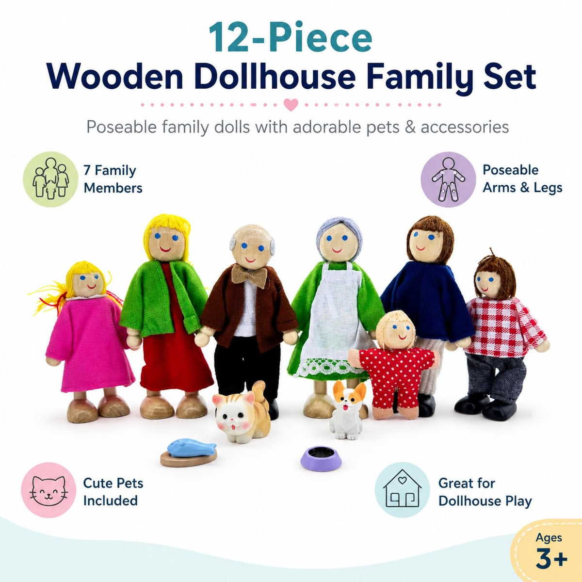 12 Pieces Wooden Dollhouse Family Set with Dog Cat Figures D217