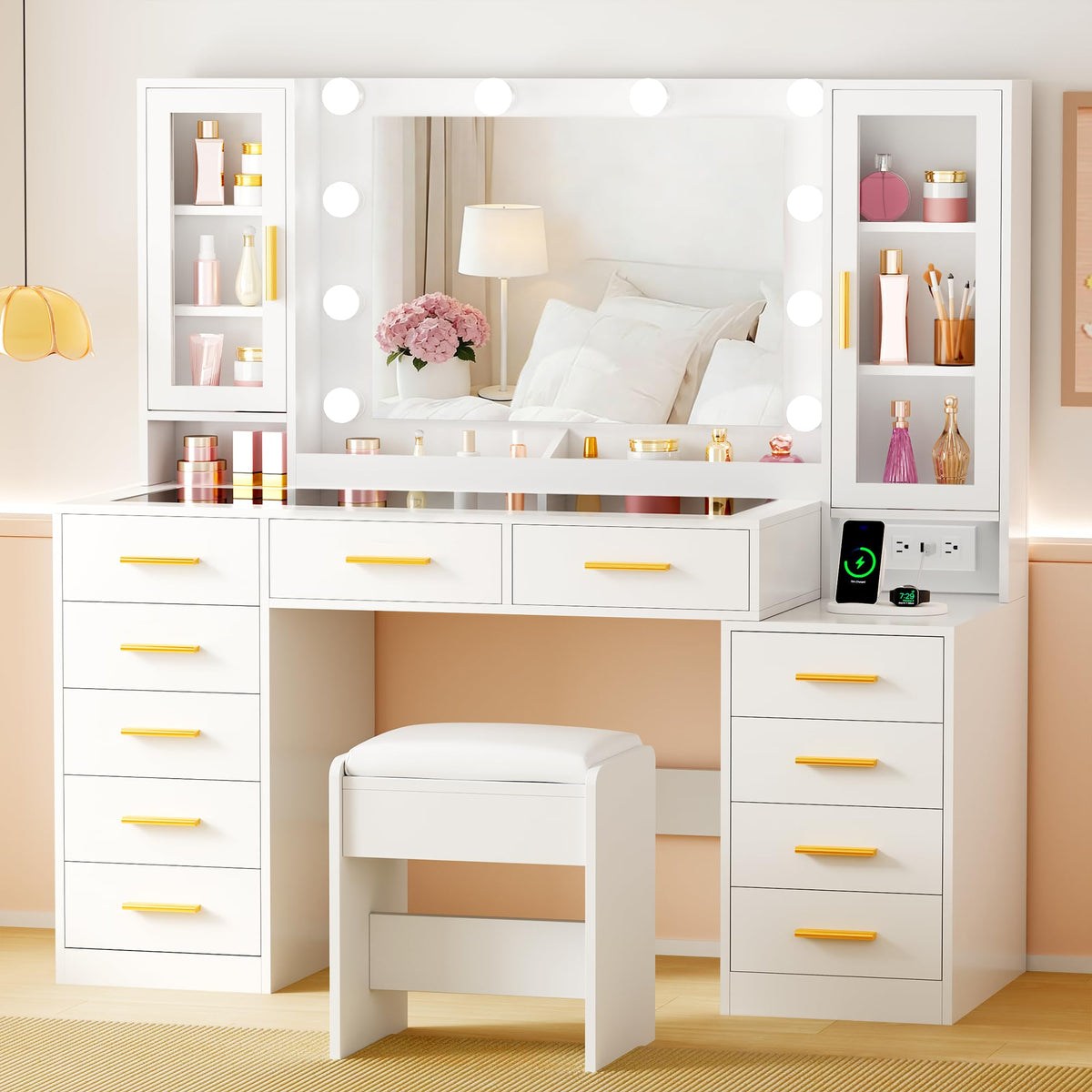 White Glass Top Vanity Desk with Mirror and Lights C37952