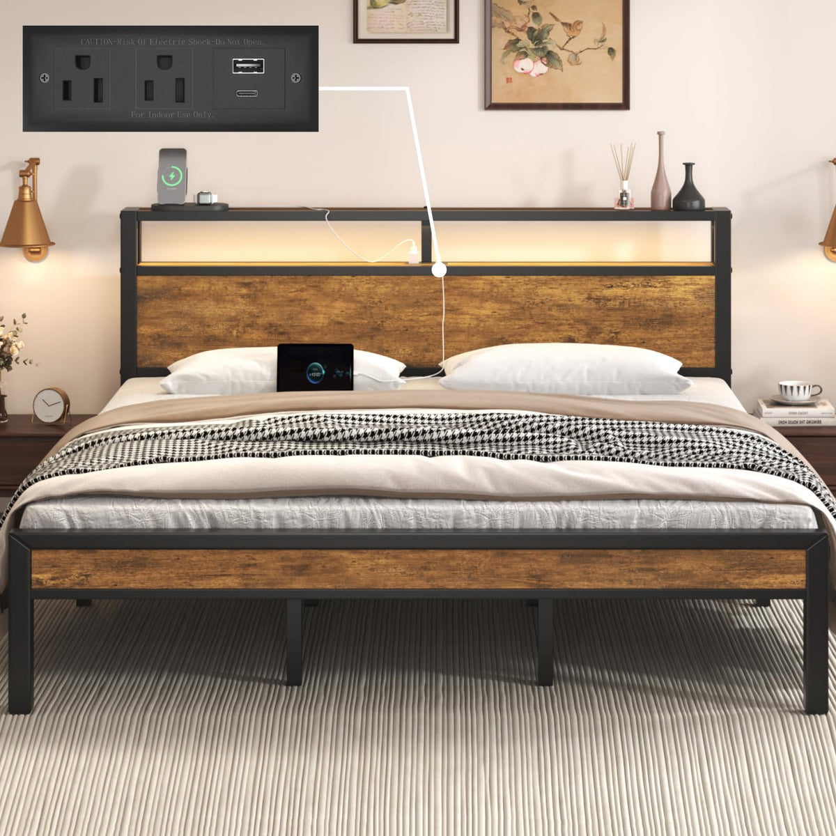 King Size Bed Frame with LED Light and Charging Station N2618