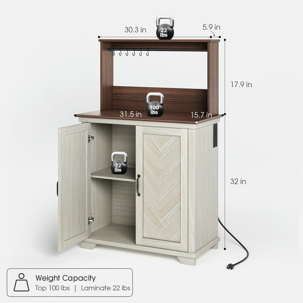 White Coffee Bar Cabinet with Storage and Charging C8617
