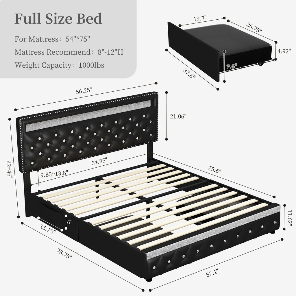 Full Platform Bed Frame with 2 Storage Drawers, Black P503996