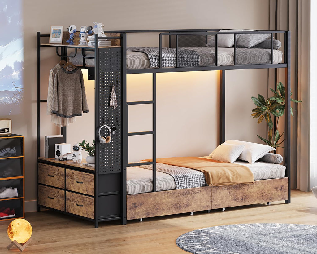 Twin Over Twin Metal Bunk Bed with Storage Drawers L9474