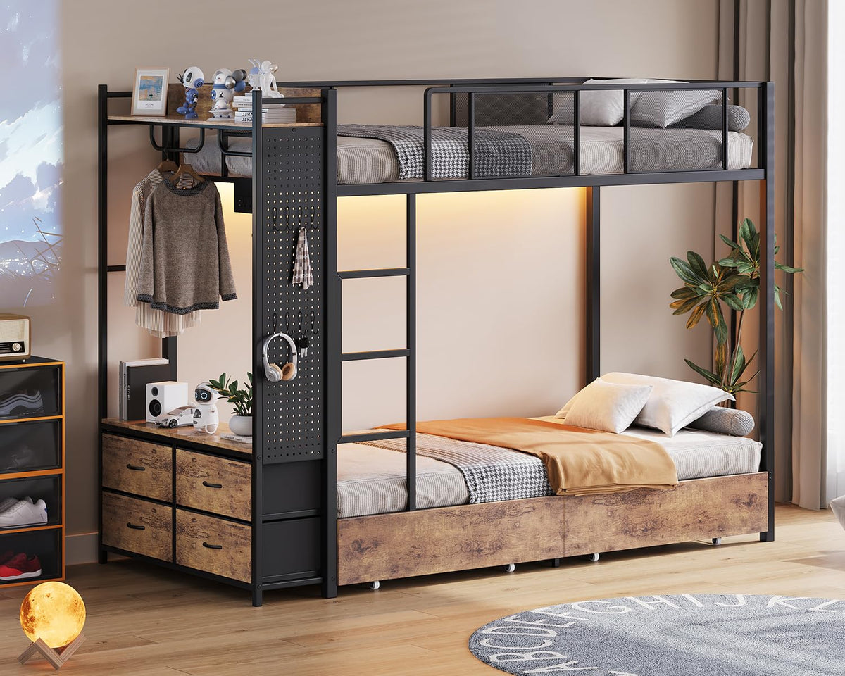 Twin Over Twin Metal Bunk Bed with Storage Drawers L9474