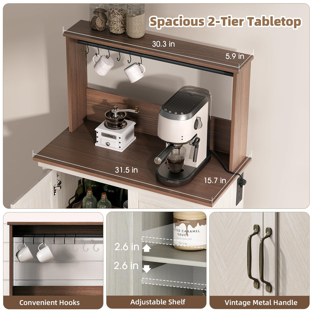 White Coffee Bar Cabinet with Storage and Charging C8617