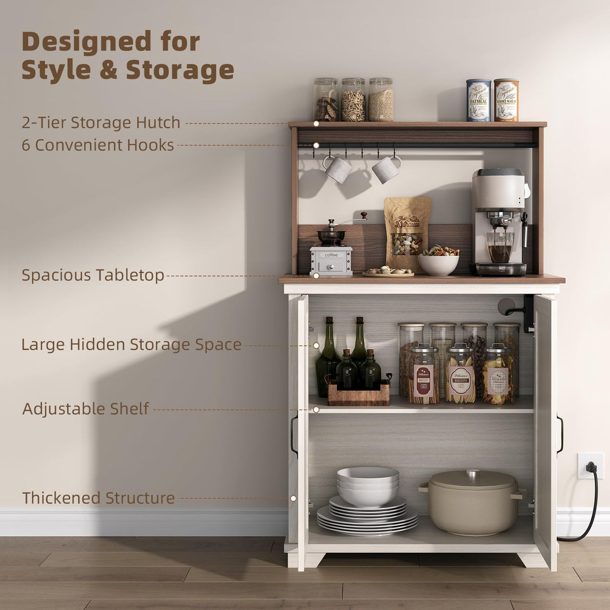 White Coffee Bar Cabinet with Storage and Charging C8617