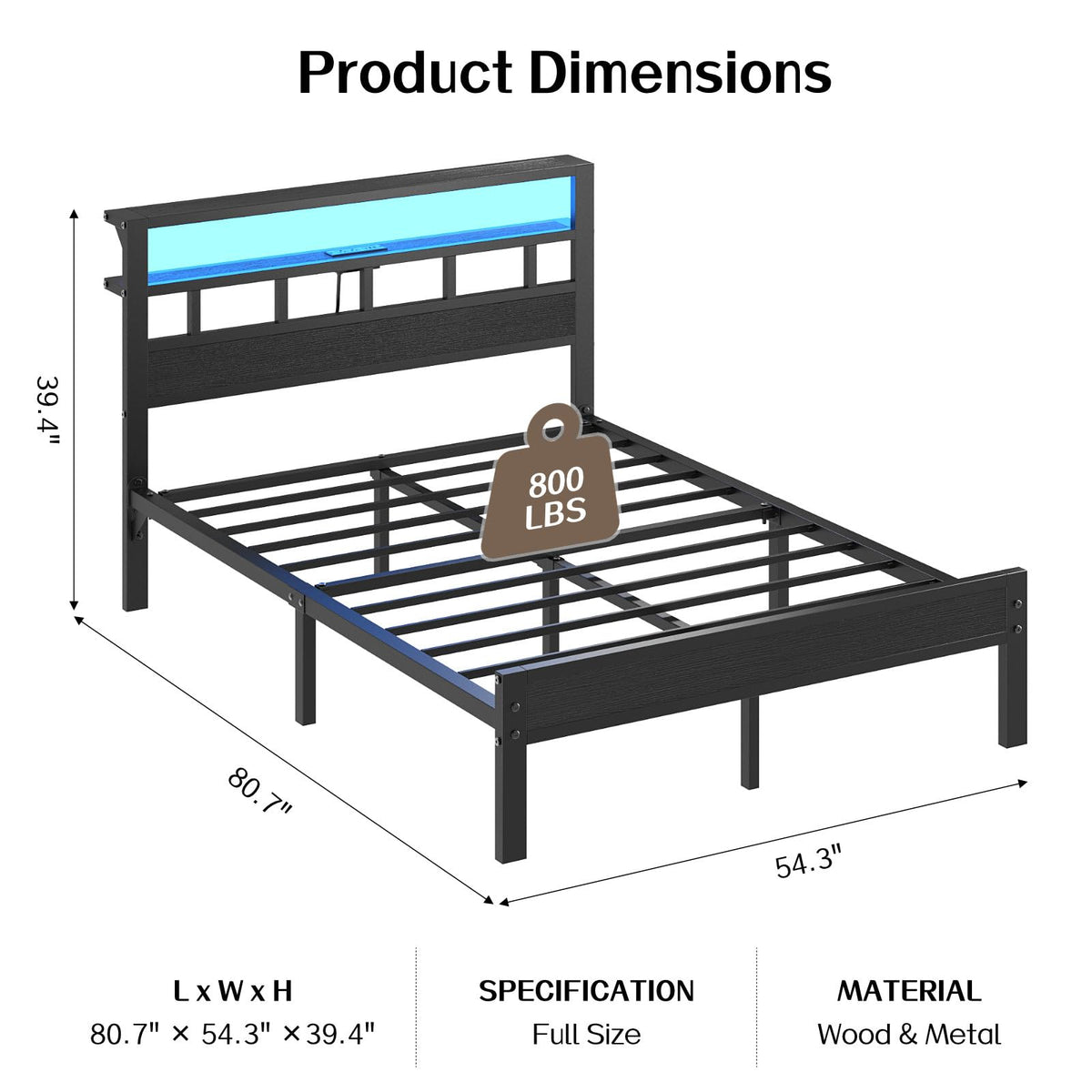 Full Size Bed Frame with Charging Station and LED G48389