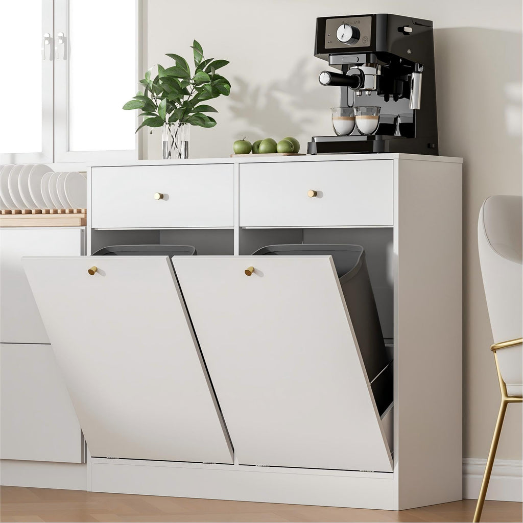 White Double Tilt Out Trash Can Cabinet with 2 Drawers A891