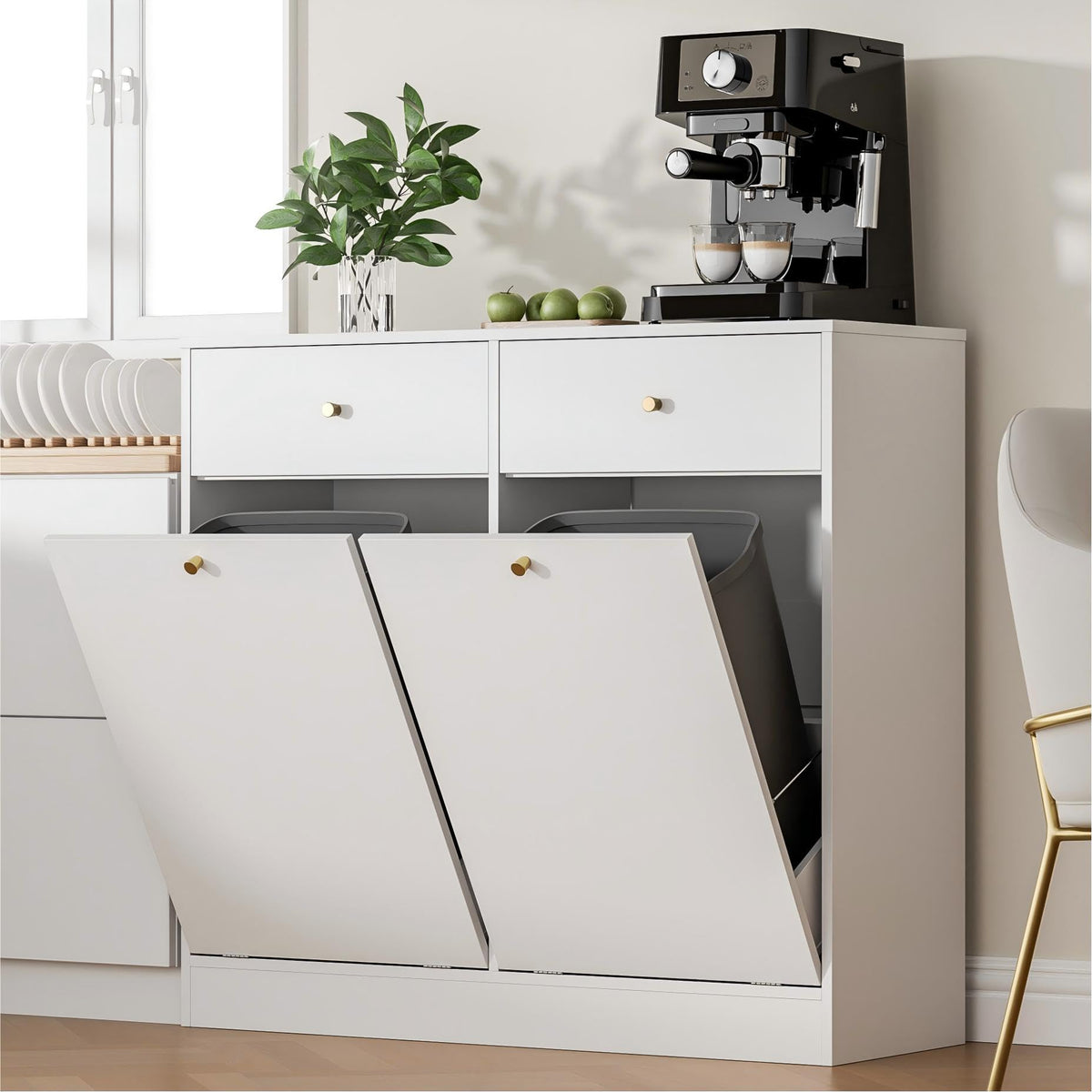 White Double Tilt Out Trash Can Cabinet with 2 Drawers A891