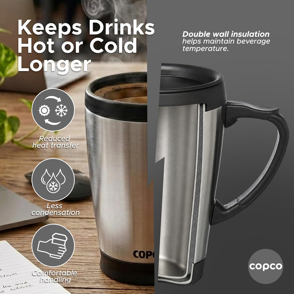 Double Wall Stainless Steel Coffee Mug with Lid 16 Oz Silver N3604