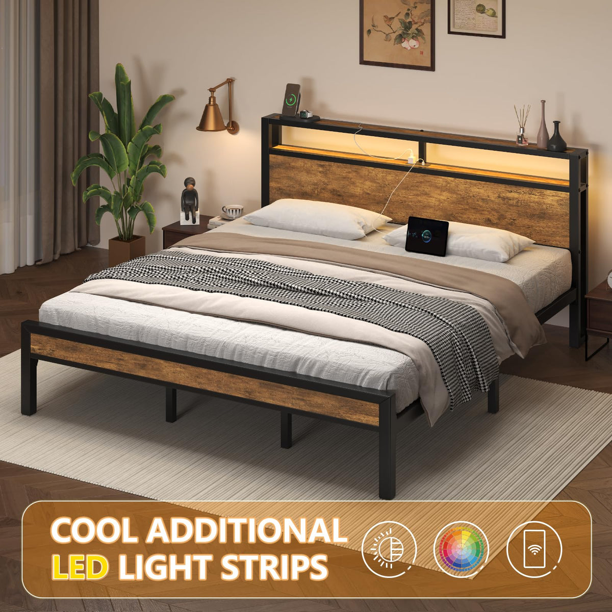 King Size Bed Frame with LED Light and Charging Station N2618