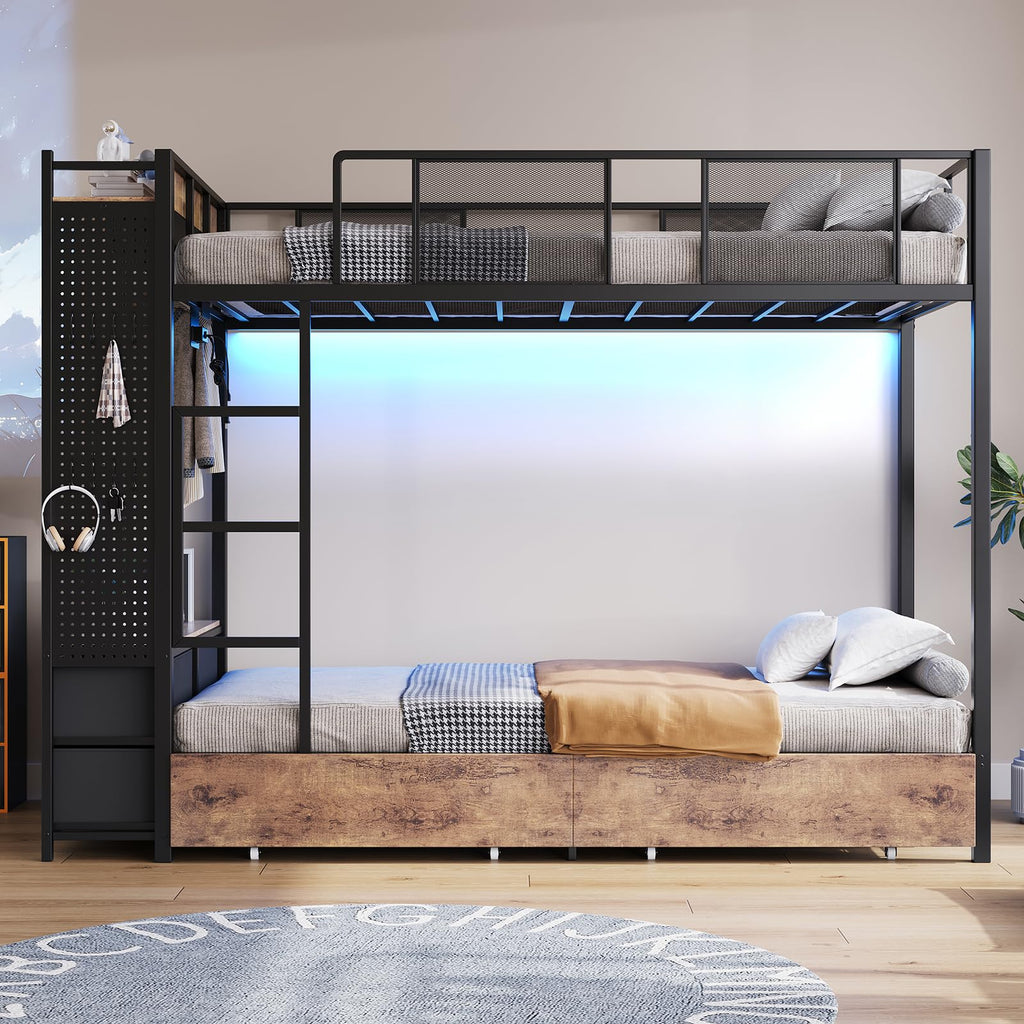Twin Over Twin Metal Bunk Bed with Storage Drawers L9474