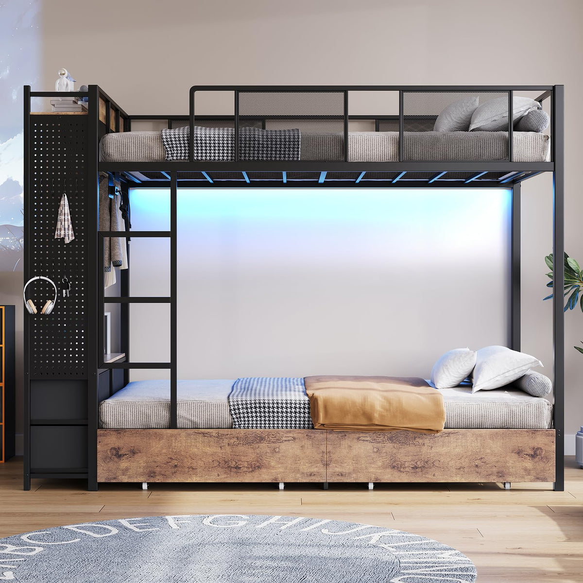 Twin Over Twin Metal Bunk Bed with Storage Drawers L9474