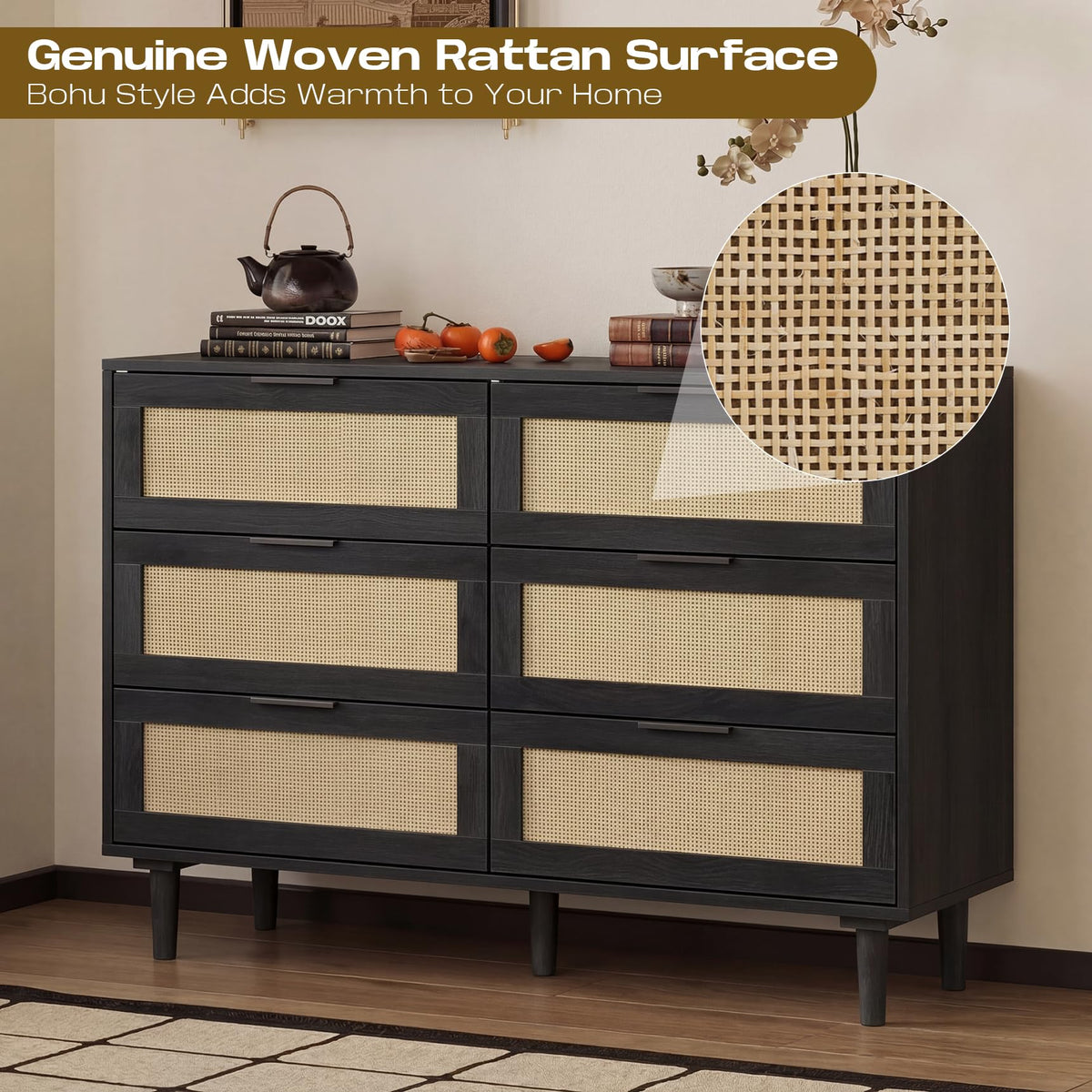 6 Drawer Rattan Wood Dresser Y9648