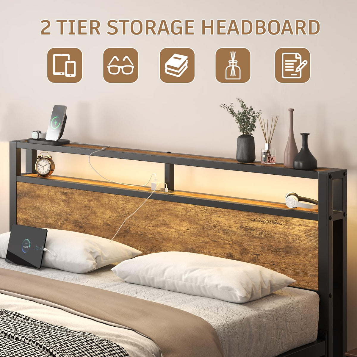 King Size Bed Frame with LED Light and Charging Station N2618
