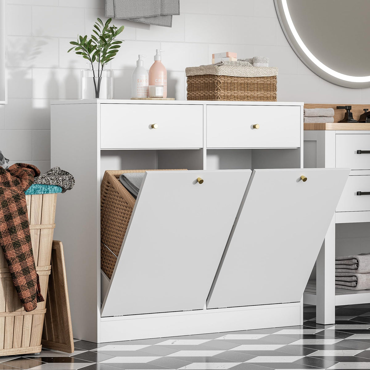 White Double Tilt Out Trash Can Cabinet with 2 Drawers A891