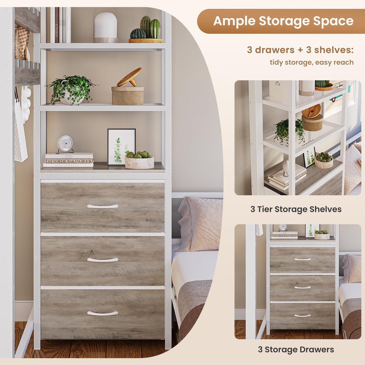 White Twin Over Twin Metal Bunk Bed with 6 Storage Drawers and Desk T417025