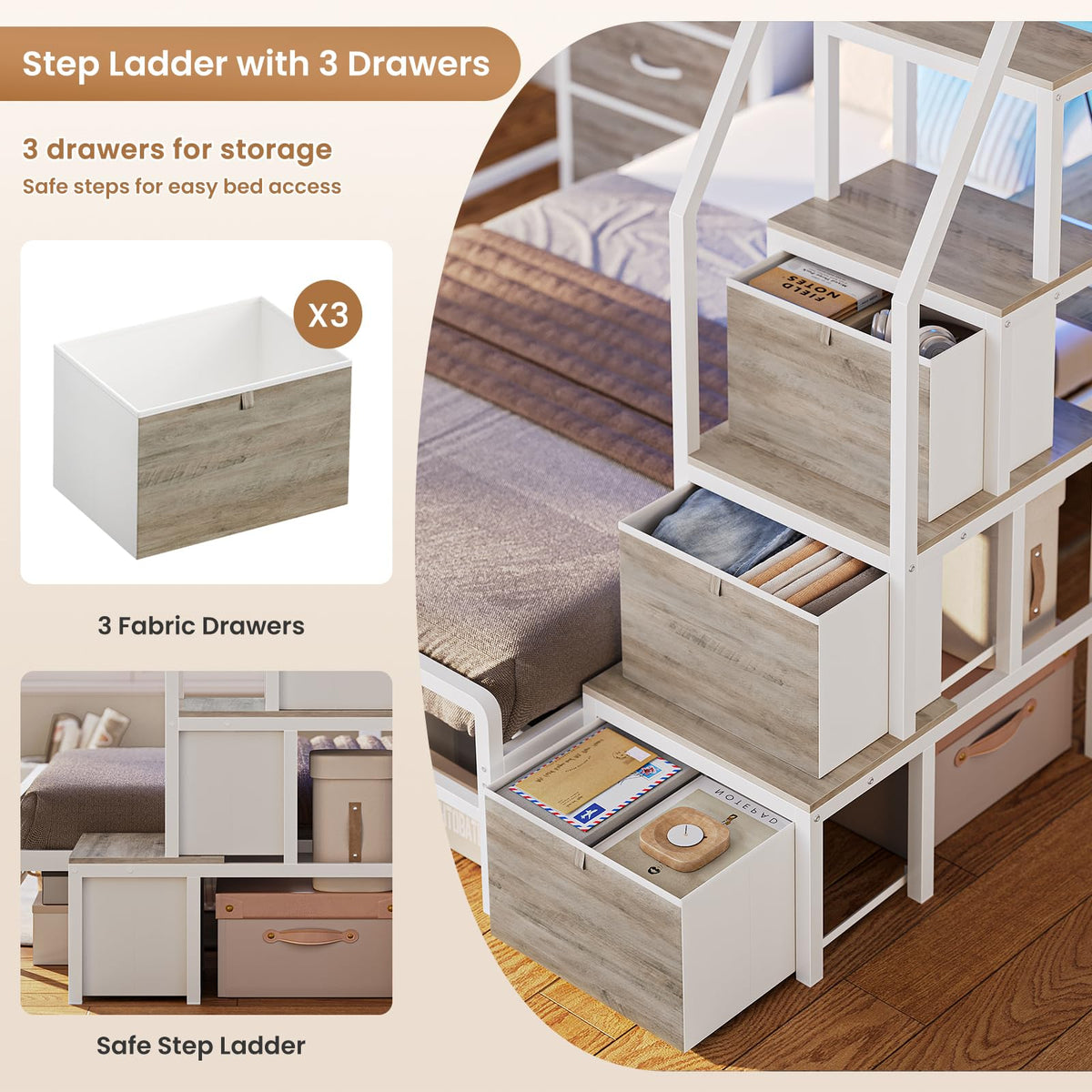 White Twin Over Twin Metal Bunk Bed with 6 Storage Drawers and Desk T417025