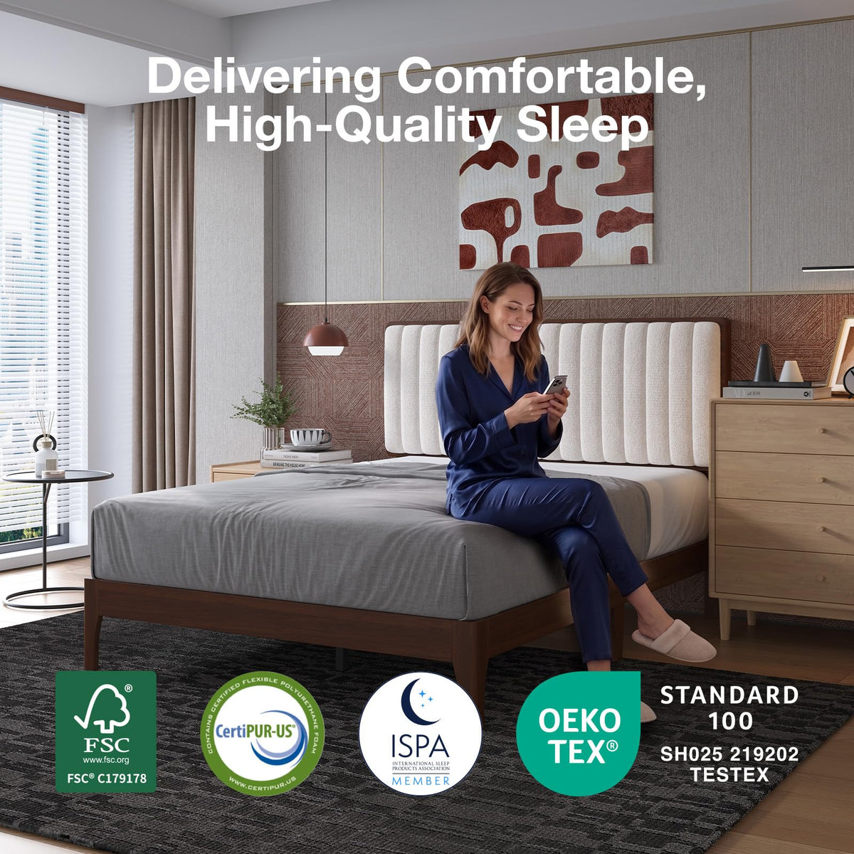 Queen Size Upholstered Bed Frame with Adjustable Headboard R5489