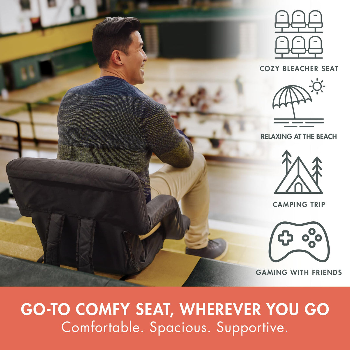 Portable Reclining Folding Stadium Seat with Back Support, Black D270697