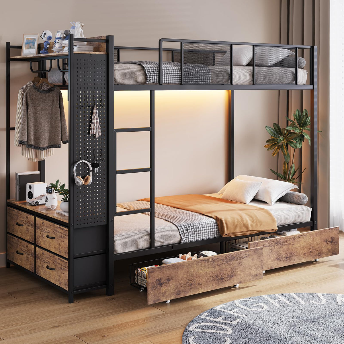 Twin Over Twin Metal Bunk Bed with Storage Drawers L9474