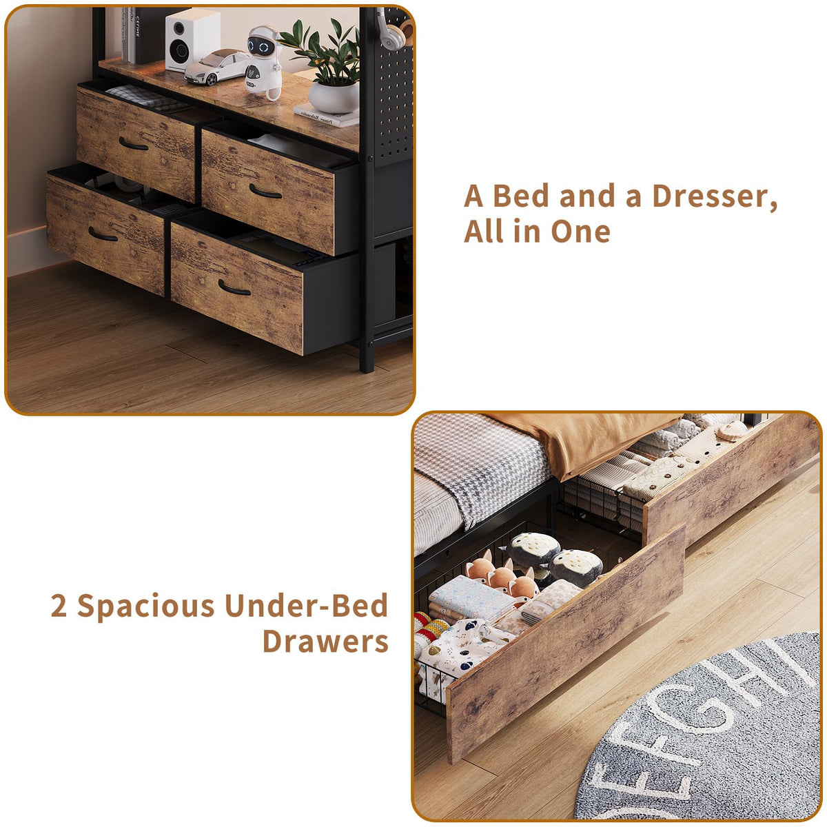 Twin Over Twin Metal Bunk Bed with Storage Drawers L9474