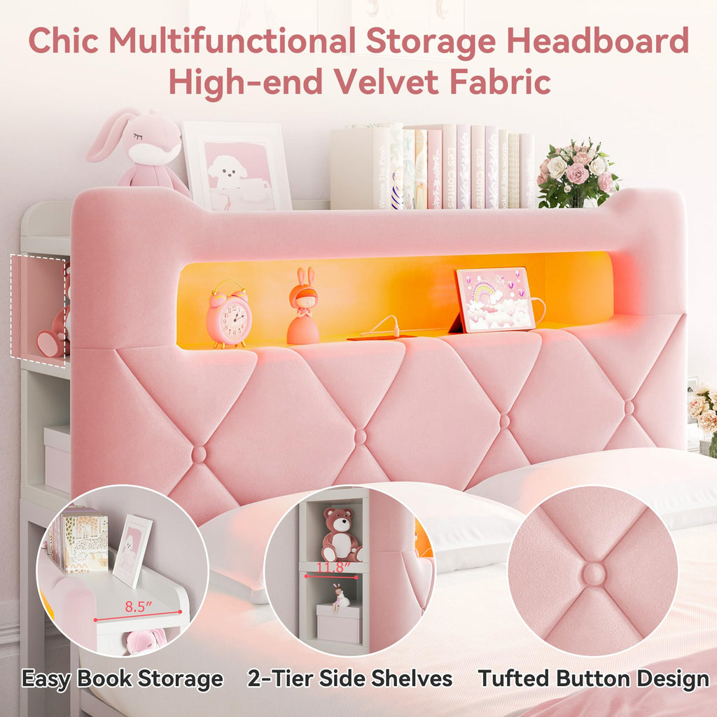 Pink Velvet Upholstered Platform Bed Frame with 2 Storage Drawers L8169