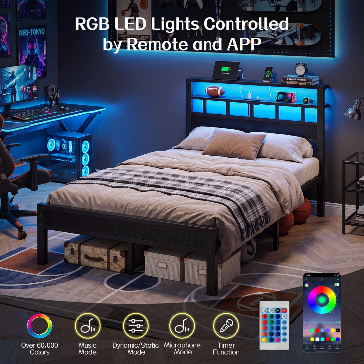 Full Size Bed Frame with Charging Station and LED G48389