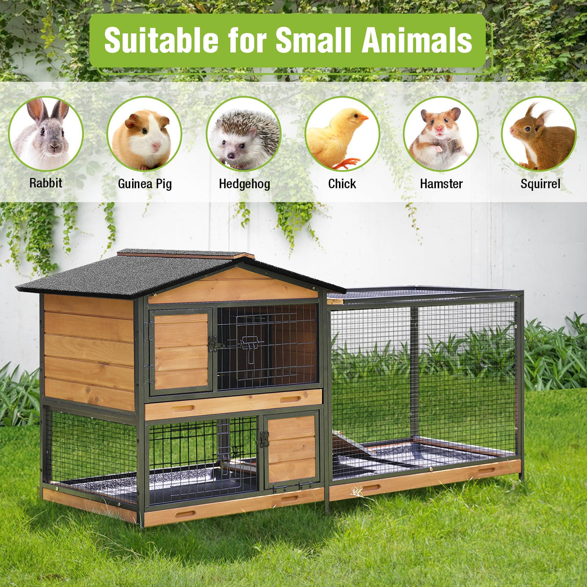 Wooden Rabbit Hutch with Wheels and Pull-Out Tray P109