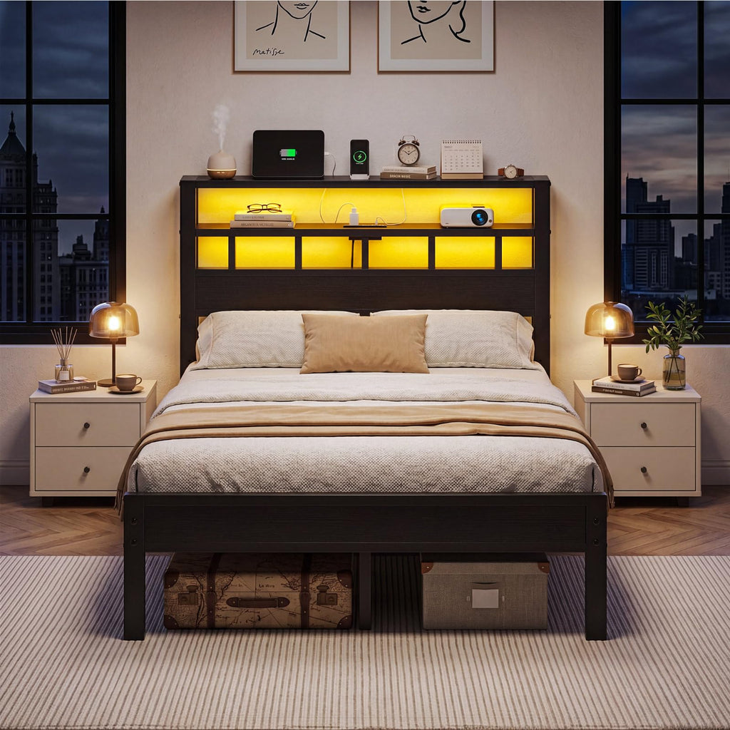 Full Size Bed Frame with Charging Station and LED G48389