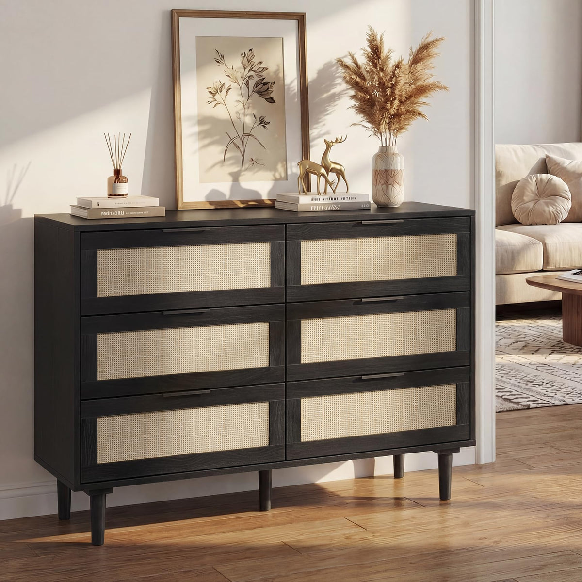 6 Drawer Rattan Wood Dresser Y9648
