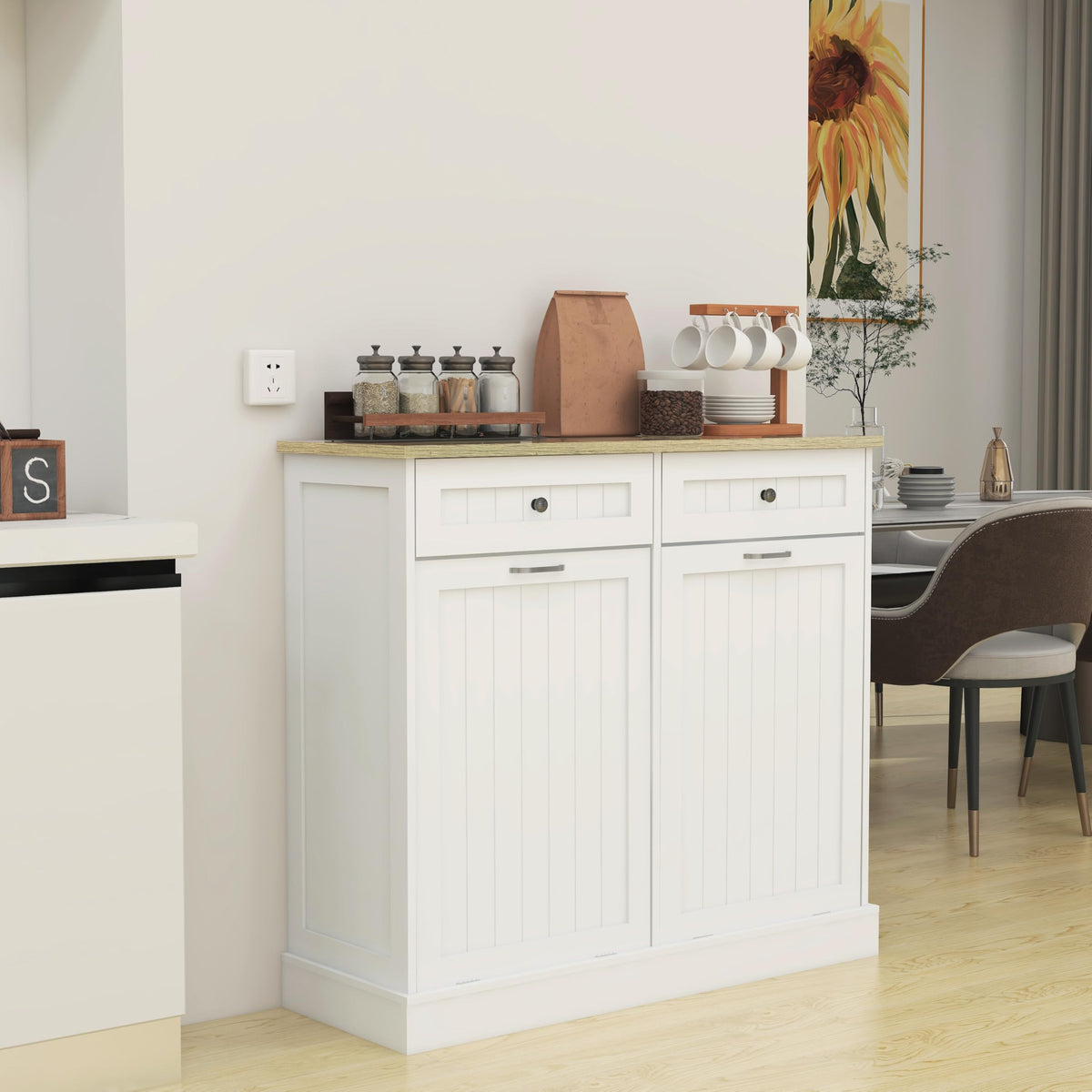 White 2x10 Gallon Solid Wood Trash Cabinet O30538