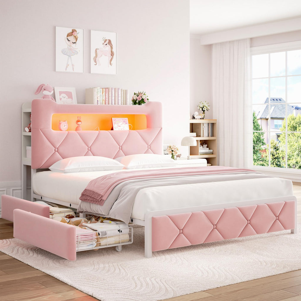 Pink Velvet Upholstered Platform Bed Frame with 2 Storage Drawers L8169