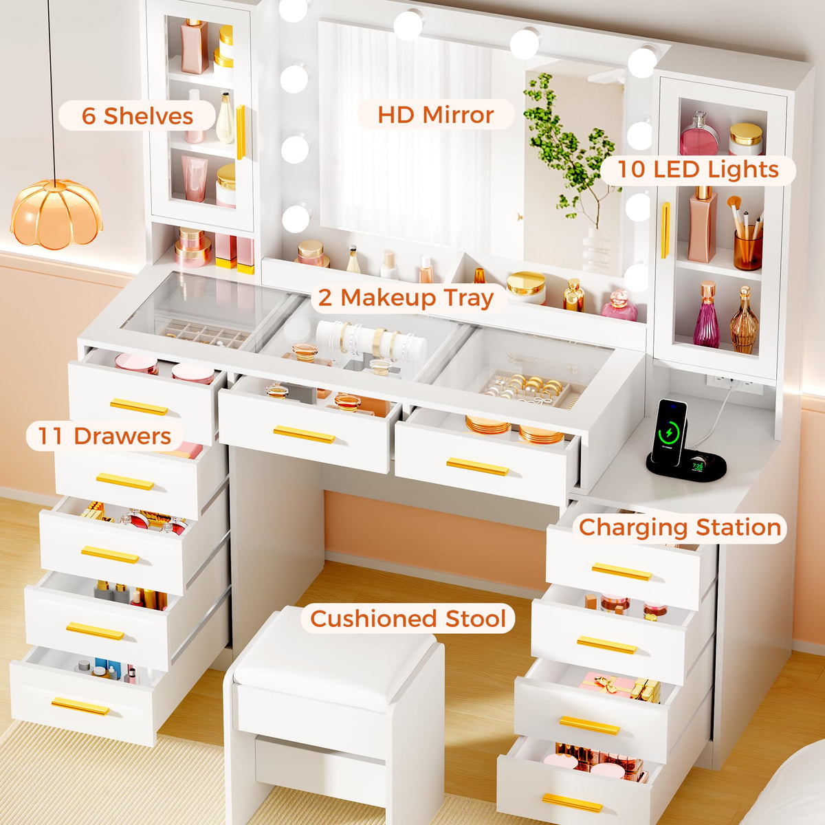 White Glass Top Vanity Desk with Mirror and Lights C37952