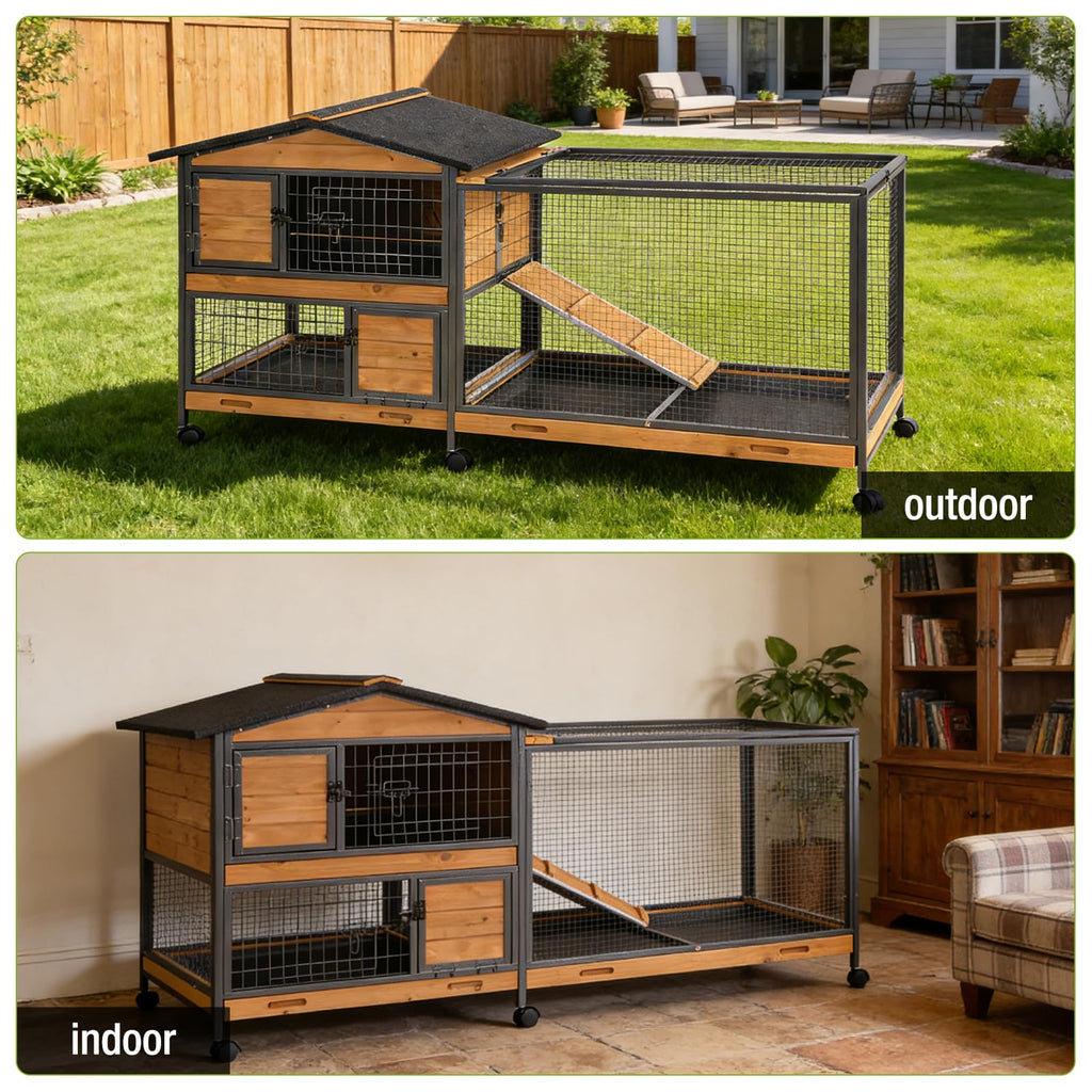 Wooden Rabbit Hutch with Wheels and Pull-Out Tray P109