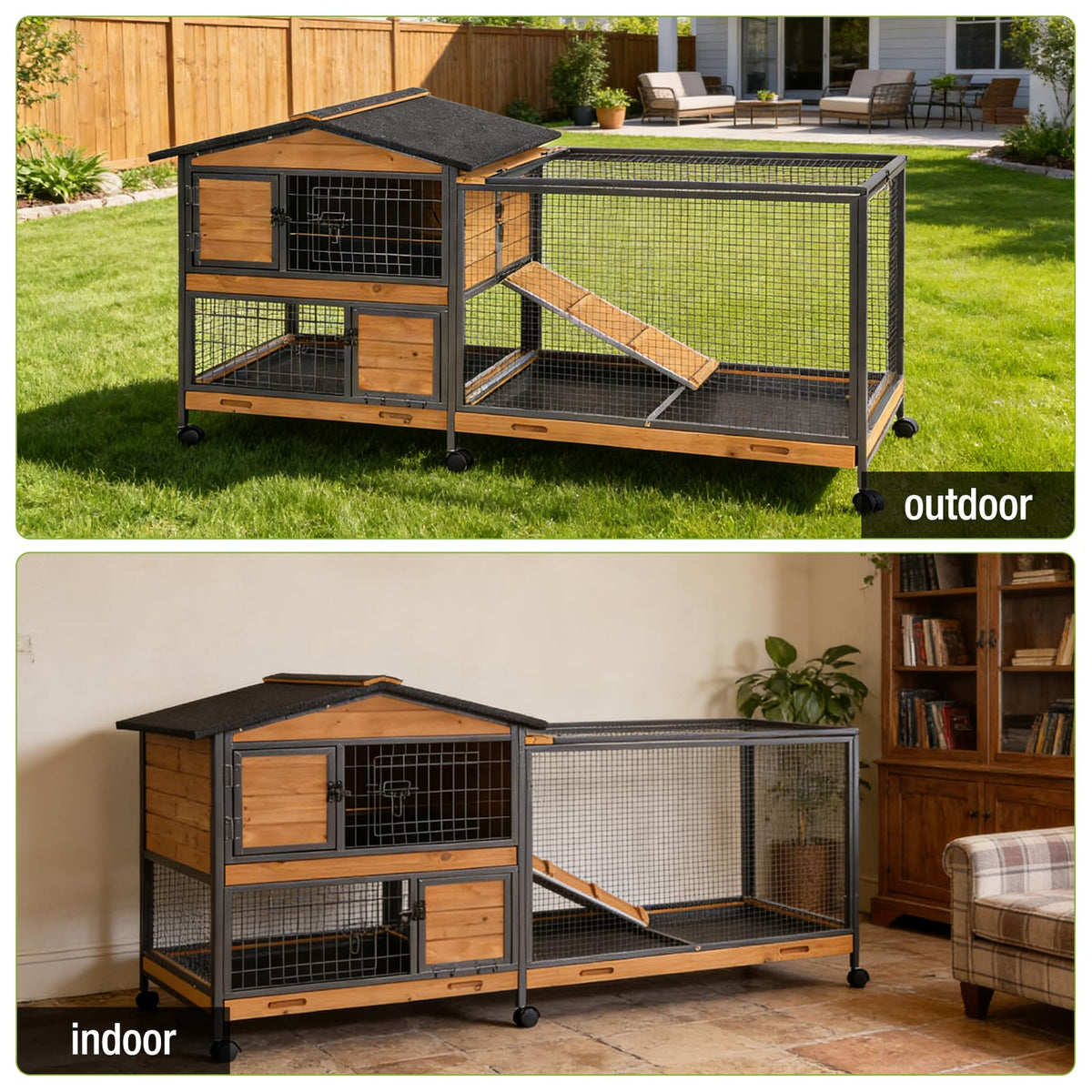 Wooden Rabbit Hutch with Wheels and Pull-Out Tray P109