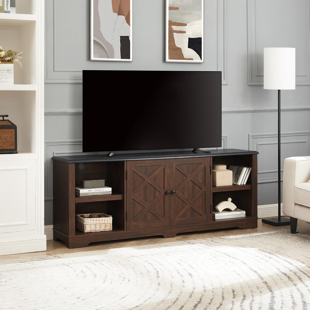 Espresso and Black TV Media Stand with Open Shelves and Closed Cabinets Q41021