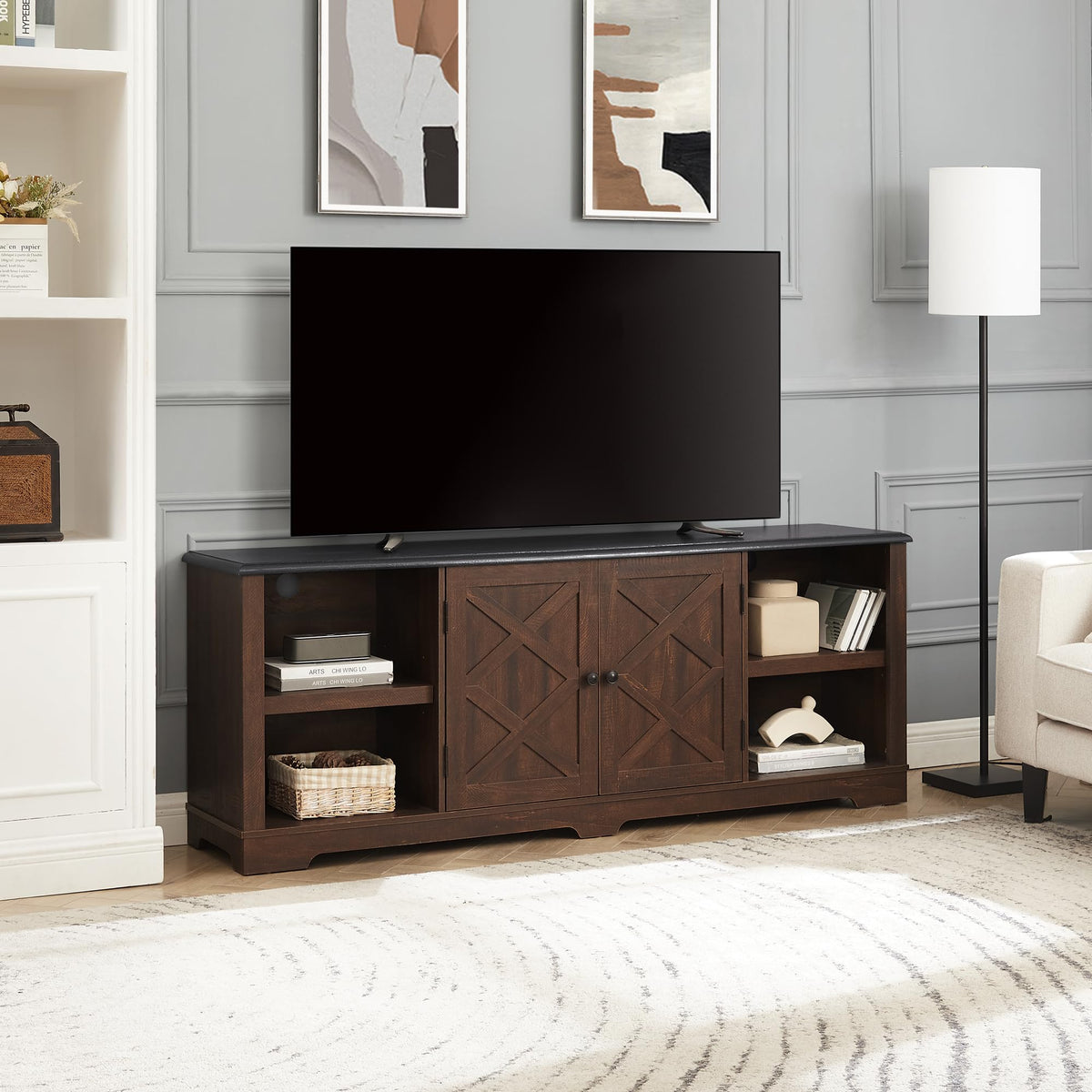 Espresso and Black TV Media Stand with Open Shelves and Closed Cabinets Q41021