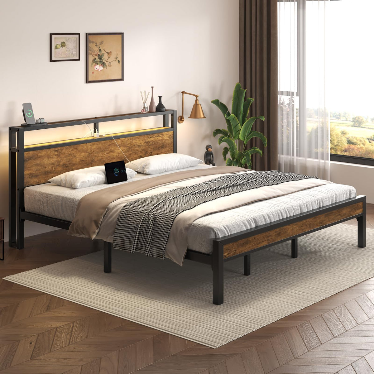 King Size Bed Frame with LED Light and Charging Station N2618