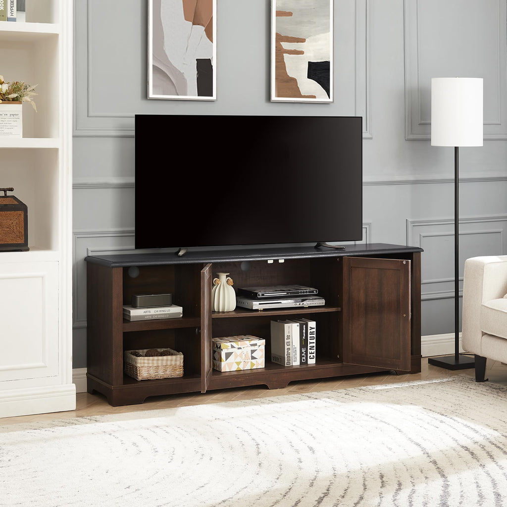 Espresso and Black TV Media Stand with Open Shelves and Closed Cabinets Q41021