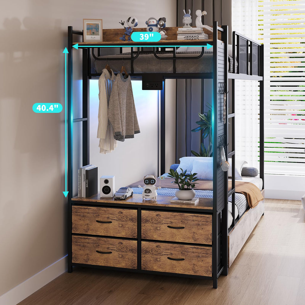 Twin Over Twin Metal Bunk Bed with Storage Drawers L9474