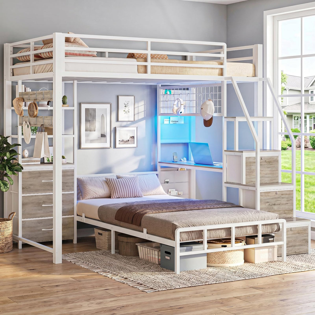 White Twin Over Twin Metal Bunk Bed with 6 Storage Drawers and Desk T417025