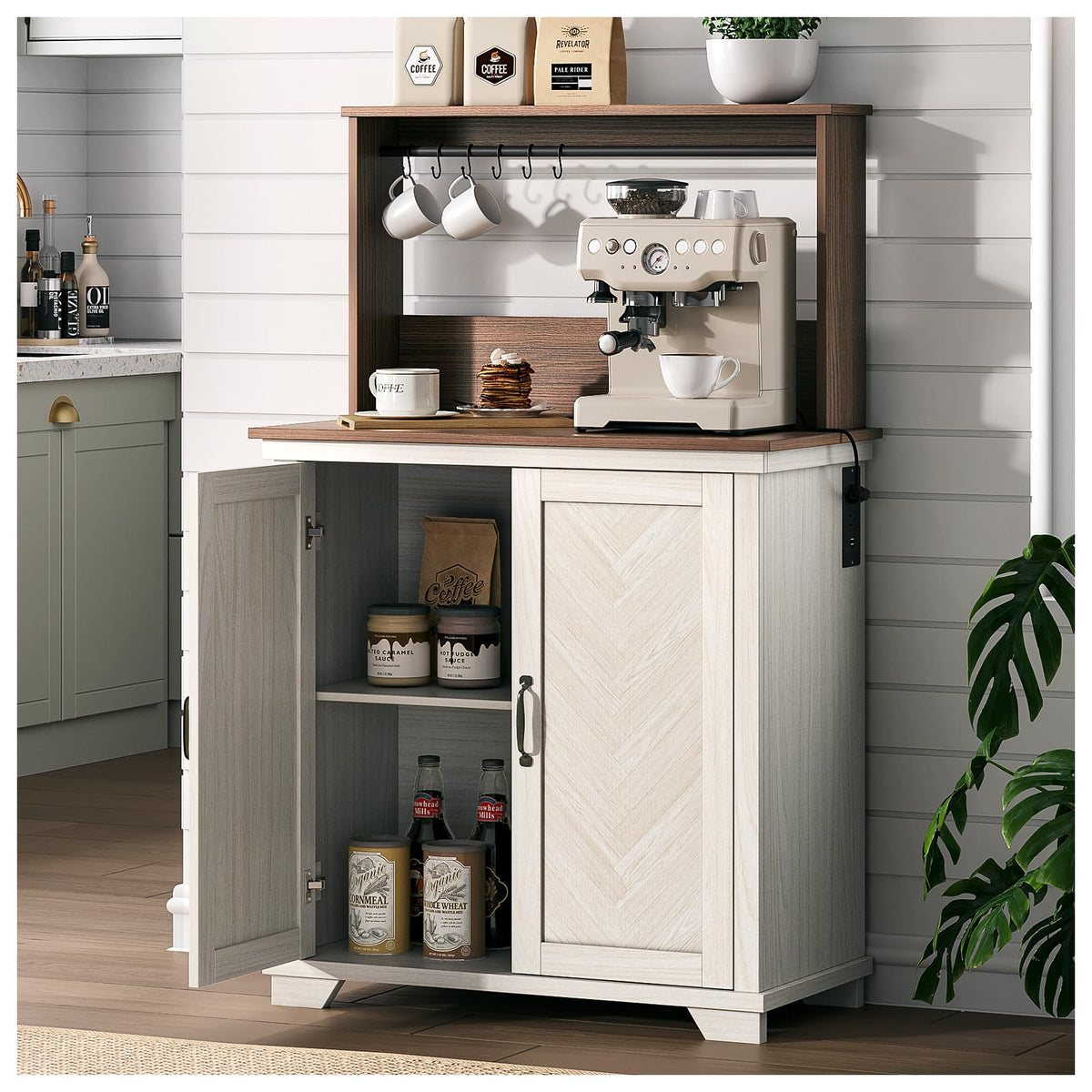 White Coffee Bar Cabinet with Storage and Charging C8617