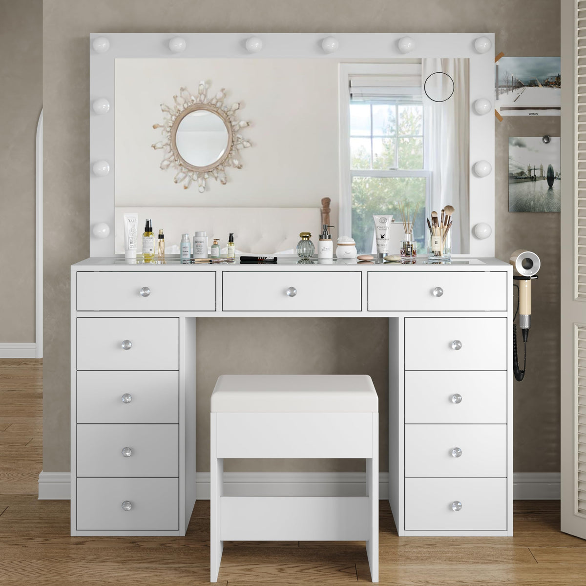 White Vanity Desk with Mirror and Chair O27249