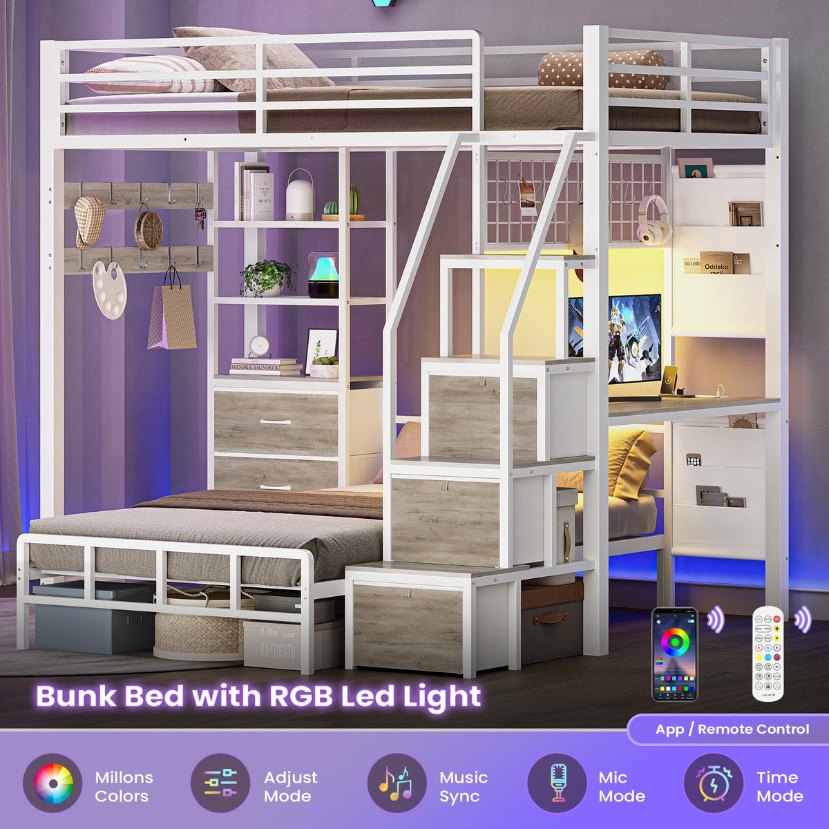 White Twin Over Twin Metal Bunk Bed with 6 Storage Drawers and Desk T417025