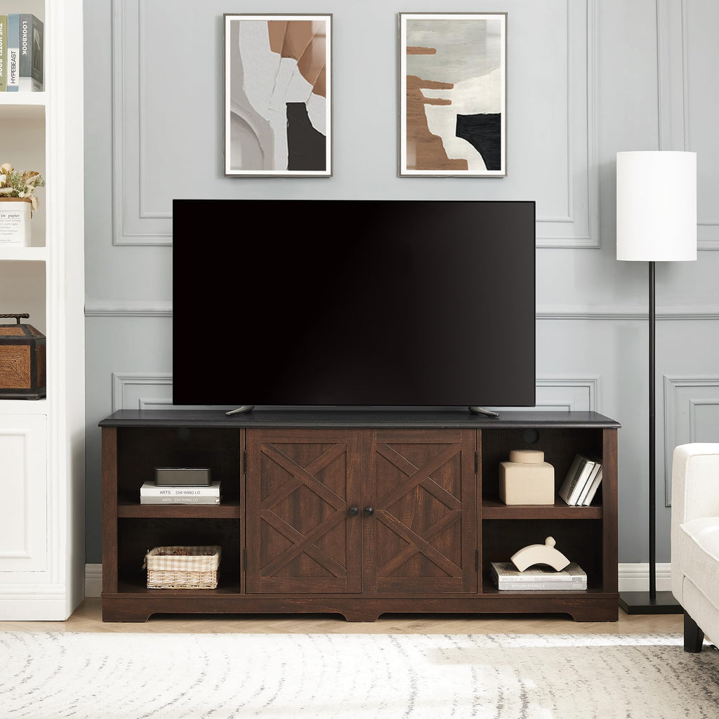Espresso and Black TV Media Stand with Open Shelves and Closed Cabinets Q41021
