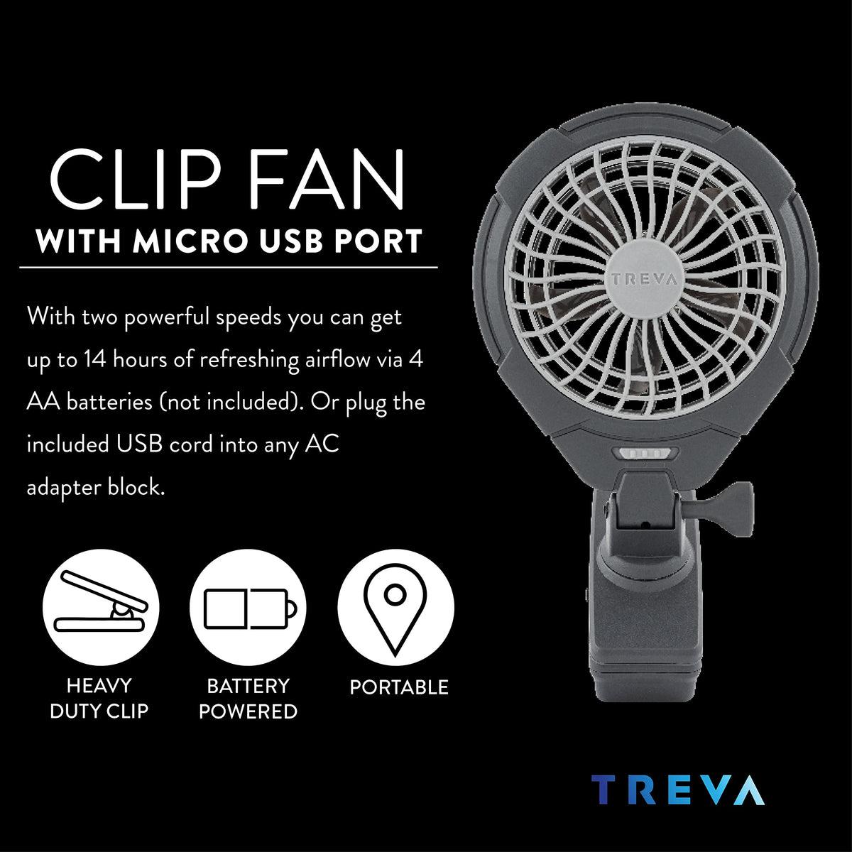 Battery USB Powered Clip on Fan 2-Speed Gray W6067