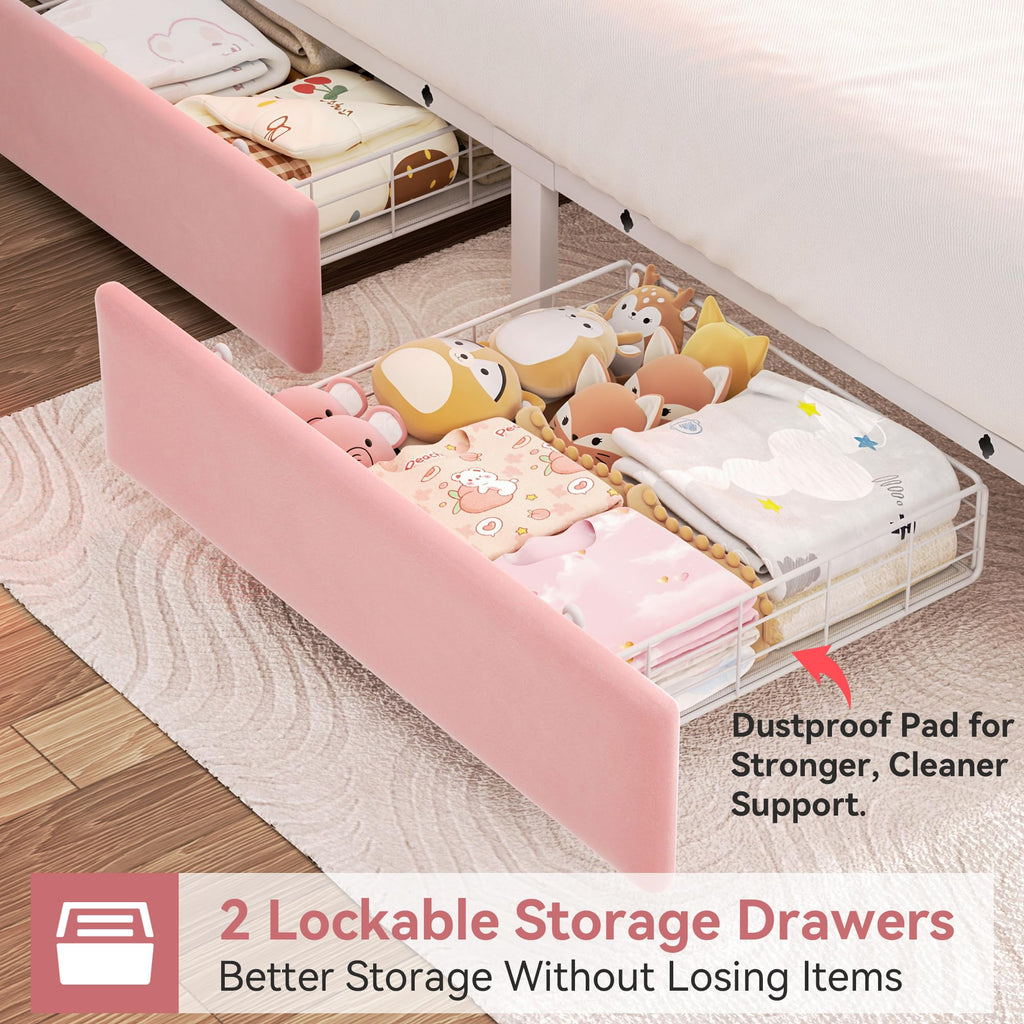 Pink Velvet Upholstered Platform Bed Frame with 2 Storage Drawers L8169