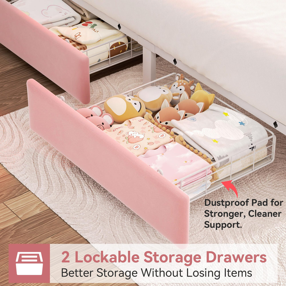 Pink Velvet Upholstered Platform Bed Frame with 2 Storage Drawers L8169